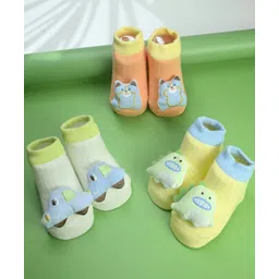 Yellow Bee Cotton Knit Pack Of 3 Car & Animals 3D Applique Detailed Socks - Multi Colour-picture-11