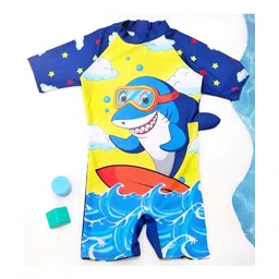 Yellow Bee Half Sleeves Shark Printed Swimsuit -  Yellow And Blue-picture-21