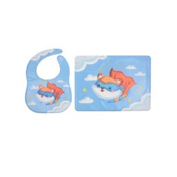 Yellow Bee Kids Set Of 2 Blue & White Flying Cat Print Feeding Bib With Mat-picture-33