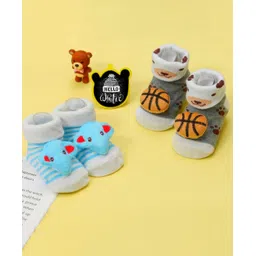 Yellow Bee Pack Of 2 Basketball & Elephant Applique Detailed Anti Skid Socks - Blue & Grey-picture-14