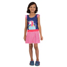 Yellow Bee Sleeveless Frill Detailed Enchanted Unicorn Printed One Piece Swimsuit - Navy Blue & Pink-picture-11