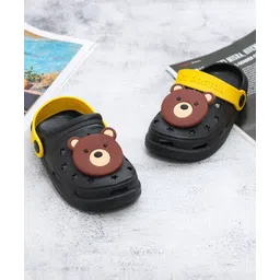 Yellow Bee Solid Perforated Clogs With Teddy Bear Face Charm - Black-picture-19