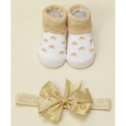 Yellow Bee Stars Printed Socks With Bow Applique Detailed Headband -  White And Golden-picture-15