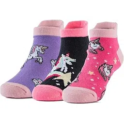 yellow bee Unicorn and Rainbow Printed Socks for Girls, Pack of 3, Purple, Black and Pink-picture-12