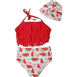 yellow bee Watermelon Tassels Bikini Swimsuit with Cap for Girls, Red and White-picture-13