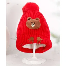 Yellow Bee Wool Knit Teddy Applique Detailed Beanie Cap - Red - Circumference 36 Cms-picture-29