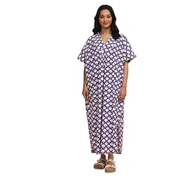 yellow bloom Women's Purple Cotton Kaftan with Geometric Flower Print & Side Pocket-picture-52