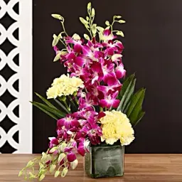 Yellow Carnations & Orchids In Vase-picture-39
