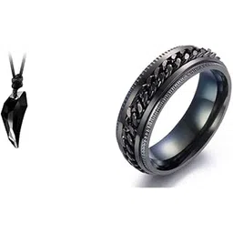 Wolf Tooth Crystal Adjustable Black Leather Rope Pendant for Men and Women and Yellow Chimes Tough Dude Chain Stainless Steel Ring for Men and Boys (Black Base)-picture-15