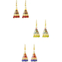 yellow chimes Craftsmanship Work Meenakari Handcrafted Jaipur Rajasthani Style Traditional Gold Plated Multicolour Jhumka/Jhumki Earrings for Women - Combo of 3 Pair-picture-44
