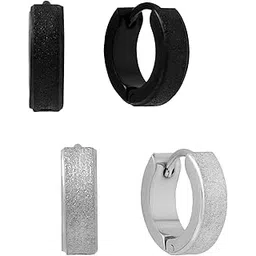 yellow chimes Earrings Set for Men | Silver & Black Hoop Earrings for Boys | Combo of 2 Stainless Steel Hoops | Fashion Accessories for Men | Birthday Gift for Boys Anniversary Gift for Husband-picture-14