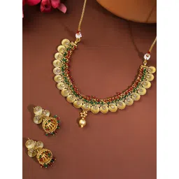 Yellow Chimes Gold-Plated Coin Design Stone Studded & Beaded Jewellery Set-picture-40
