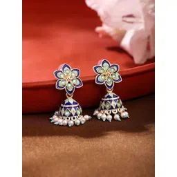 Yellow Chimes Gold-Plated Dome Shaped Artificial Stones and Beads Jhumkas Earrings-picture-28