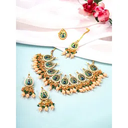 Yellow Chimes Gold-Plated Peacock Beaded Necklace & Earrings-picture-21