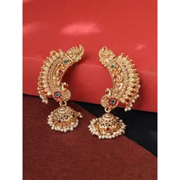 Yellow Chimes Gold-Plated Stone Studded & Beaded Ear Cuff Long Jhumkas-picture-37