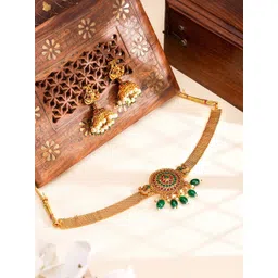 Yellow Chimes Gold-Plated Stone-Studded & Beaded Jewellery Set-picture-28