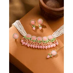 Yellow Chimes Gold-Plated Stone Studded & Pearls Beaded Choker Jewellery Set-picture-25