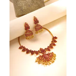 Yellow Chimes Gold-Plated Stone Studded Floral Designed Necklace & Earrings-picture-29
