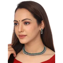 Yellow Chimes Green & White Pearls Studded Choker Jewellery Set-picture-23
