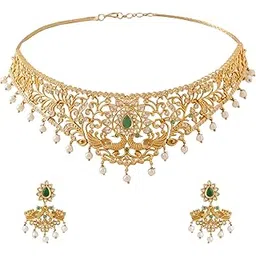 yellow chimes Jewellery Set for Women | Ethnic Gold Plated AD Choker Necklace Set for Women | Traditional Golden Jewellery Sets for Girls | Birthday Gift for Girls & Women Anniversary Gift for Wife-picture-30