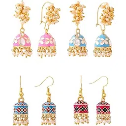yellow chimes Meenakari Jhumka Earrings for Women | Traditional Mothi Hoop Jhumki Earrings Set for Girls | Combo of 4 Pairs Jhumkas Ethnic Gold Plated Women Earrings | Birthday Gift For Girls-picture-10