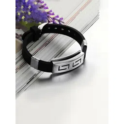 Yellow Chimes Men Black & Steel Leather Wraparound Bracelet-picture-22