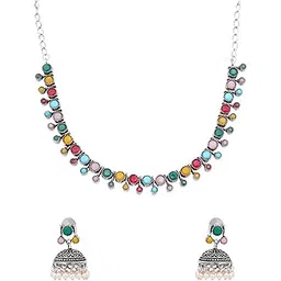 yellow chimes Oxidised Silver Jewellery Set For Women | Silver Oxidised Plated Choker Necklace Set for Women | Multicolor Stone Traditional Jewellery Sets | Birthday Anniversary Gift for Women Wife-picture-39