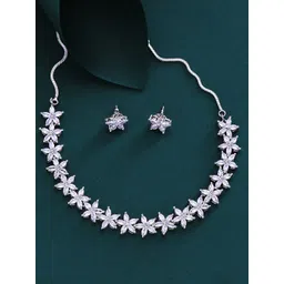 Yellow Chimes Rhodium Plated American Diamond Studded Floral Jewellery Set-picture-30