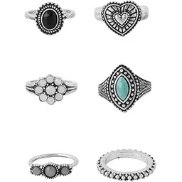 yellow chimes Rings for Women and Girls Fashion Aesthetic Ring Set Oxidised Silver Toned Aesthetic Rings Vintage Style Midi Finger Knuckle Rings Set | Birthday Gift For Girls & Women-picture-38