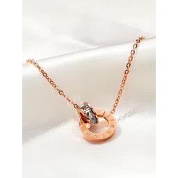 Yellow Chimes Rose Gold-Plated White CZ-Studded Stainless Steel Circle Pendant With Chain-picture-34
