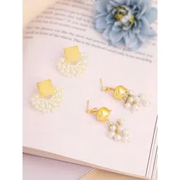 Yellow Chimes Set Of 2 Gold Plated Pearl Beaded Contemporary Drop Earrings-picture-39