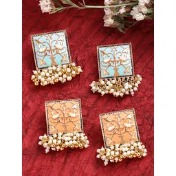 Yellow Chimes Set of 2 Gold-Plated Square Beaded Handcrafted Enamelled Earrings-picture-21