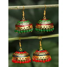Yellow Chimes Set Of 2 Red & Green Dome Shaped Jhumkas Earrings-picture-26