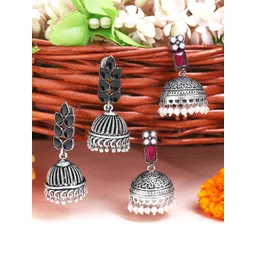 Yellow Chimes Set of 2 Silver Oxidised Classic Jhumkas Earrings-picture-37