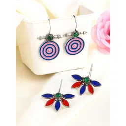 Yellow Chimes Set of 2 Silver-Plated Stone-Studded Oxidised Drop Earrings-picture-25