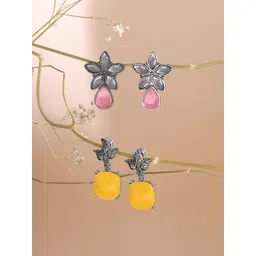 Yellow Chimes Set of 2 Silver-Plated Stones Studded Oxidised Floral Drop Earrings-picture-20