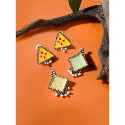 Yellow Chimes Set Of 2 Stud & Oxidised Silver Meenakari Earrings-picture-42