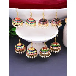 Yellow Chimes Set of 4 Golden Meenakari Jhumka Earrings-picture-36