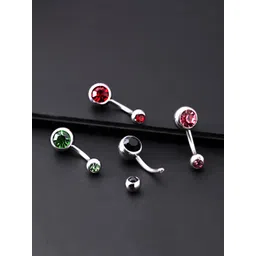 Yellow Chimes Set Of 4 Green & Red Rhodium-Plated Navel Piercing Belly Button Studs-picture-34