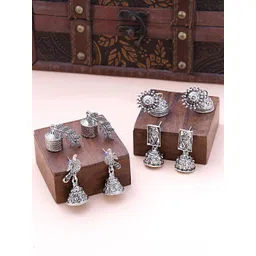 Yellow Chimes Set of 4 Silver-Plated Oxidised Leaf Design Jhumkas-picture-19