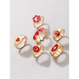 Yellow Chimes Set Of 6 Gold-Plated & Red Enamelled Finger Ring-picture-35