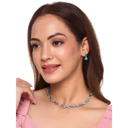 Yellow Chimes Silver-Plated Blue & White Crystal Studded Jewellery Set-picture-39