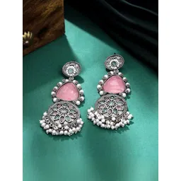 Yellow Chimes Silver-Plated Oxidised Stone Studded & Beaded Contemporary Drop Earrings-picture-16