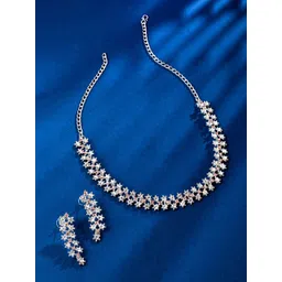 Yellow Chimes Silver-Plated Silver-Toned White Crystal Studded Jewellery Set-picture-30