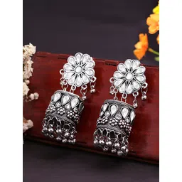 Yellow Chimes Silver-Toned Oxidized Contemporary Jhumkas Earring-picture-40
