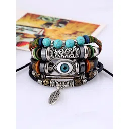Yellow Chimes Unisex Evil Eye Black & Blue Leather Wraparound Bracelet-picture-41