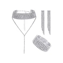 Yellow Chimes White & Silver Plated Crystal Studded Jewellery Set-picture-32