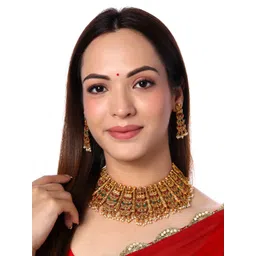 Yellow Chimes Women Red & Green Gold-Plated Stone-Studded & Beaded Temple Jewellery Set-picture-22