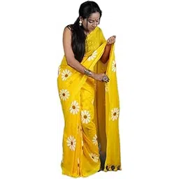 Yellow Floral Print Saree with Daisy Pattern, Traditional Cotton Blend, Tasseled Border-picture-20