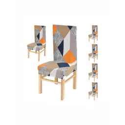 Yellow Weaves 6-Pcs Grey & Orange Coloured Printed Stretchable Chair Covers-picture-16